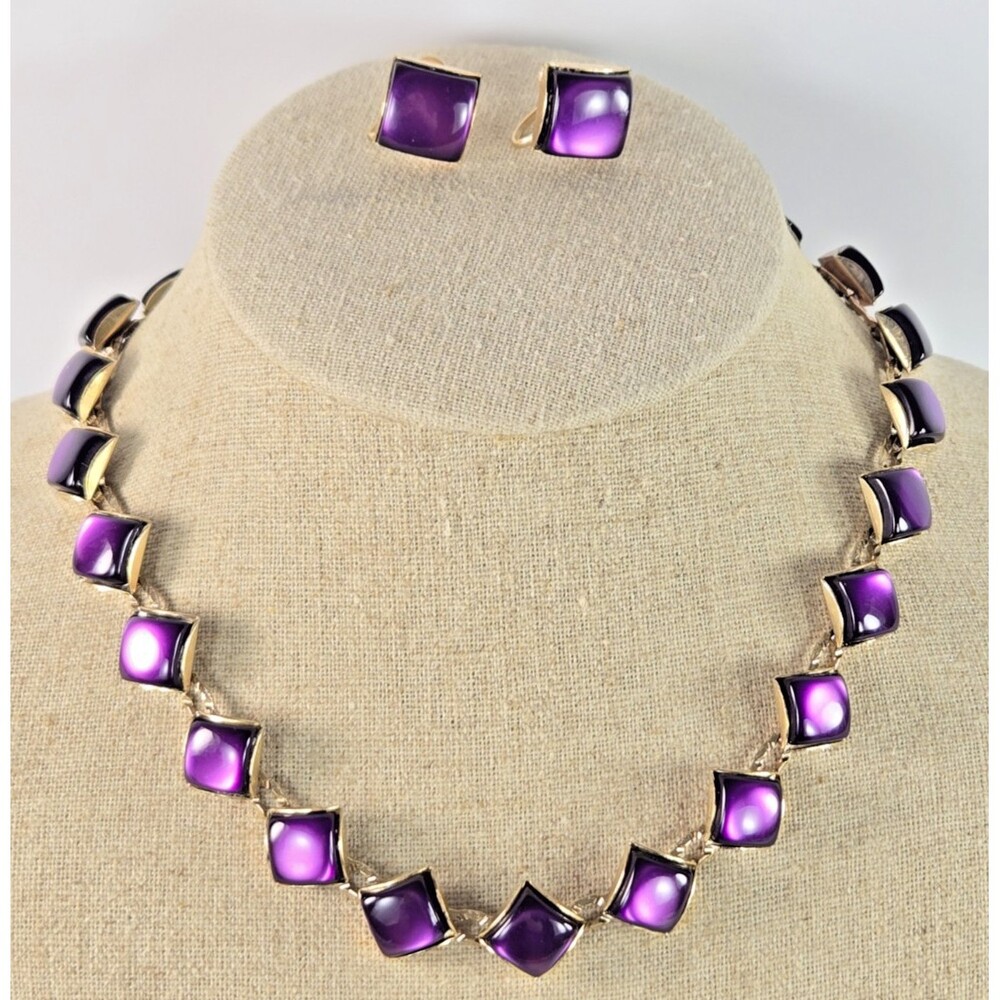 Vintage MCM Necklace And Screwback Earrings Set Purple Moonglow Lucite 1950s 60s
